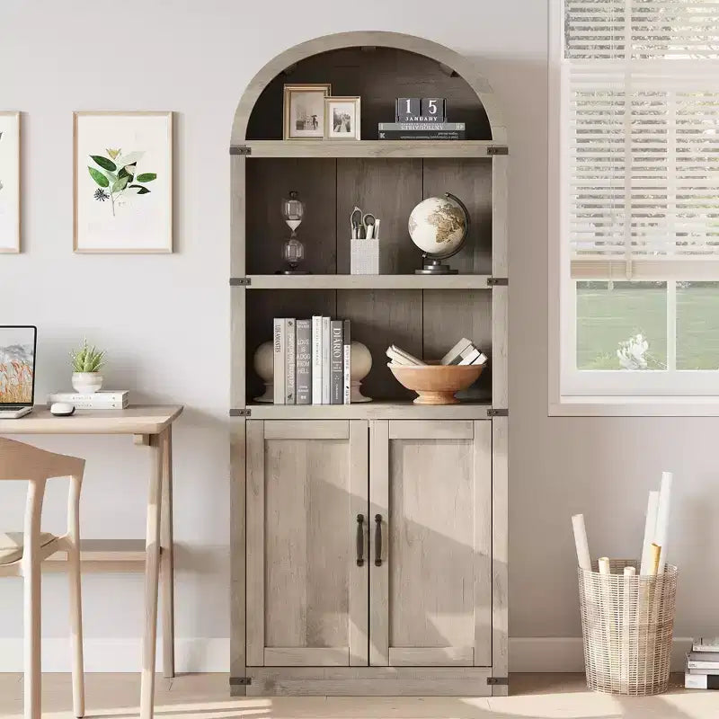 Bibliothèque GustoWave avec portes, étagère arquée de 182 cm de haut, meuble de rangement de style ferme avec étagères, bibliothèques en bois pour bureau à domicile