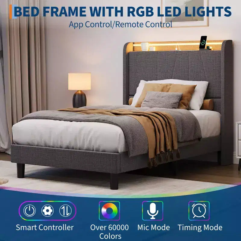 Cadre de Lit CuisinSmart avec Tête de Lit, Plateforme Capitonnée en Tissu Moderne, Cadre de Lit Ne Nécessitant Pas de Sommier Tapissier, Silencieux, Montage Facile