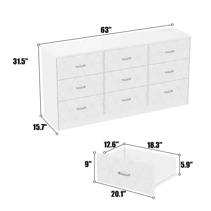 Zstar Commode triple moderne à 9 tiroirs, Meuble de rangement en bois pour chambre à coucher avec prises de courant