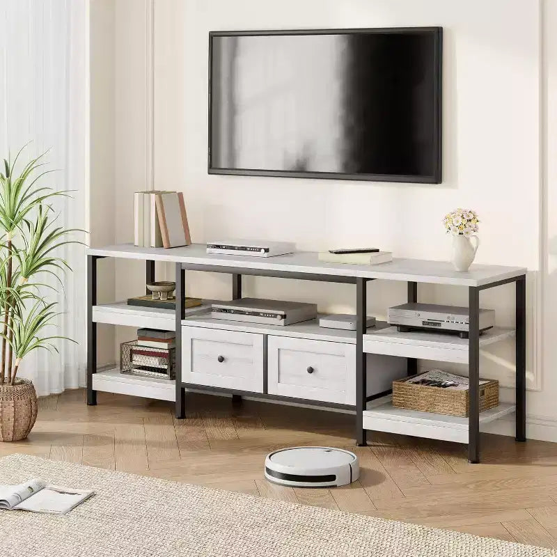 Meuble TV rustique de 180 cm avec rangement - Pour téléviseurs jusqu'à 75 pouces, 2 tiroirs et étagères ouvertes, meuble TV de style industriel avec cadre en métal