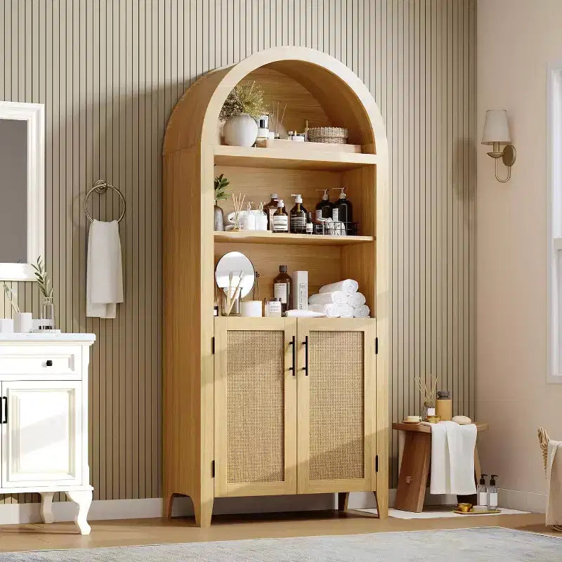 Étagère ouverte à 5 niveaux avec décor en rotin, armoire de rangement de style ferme, armoire de rangement de cuisine arquée, pour la maison, le bureau, le salon