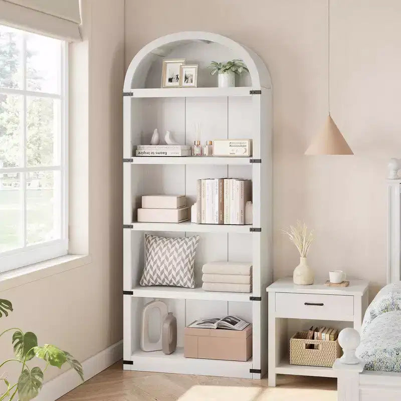 GustoWave Bibliothèque Haute de 181,96 cm, Étagère Murale Arched Style Ferme, Rangement d'Exposition, Étagères en Bois, Blanc/Gris