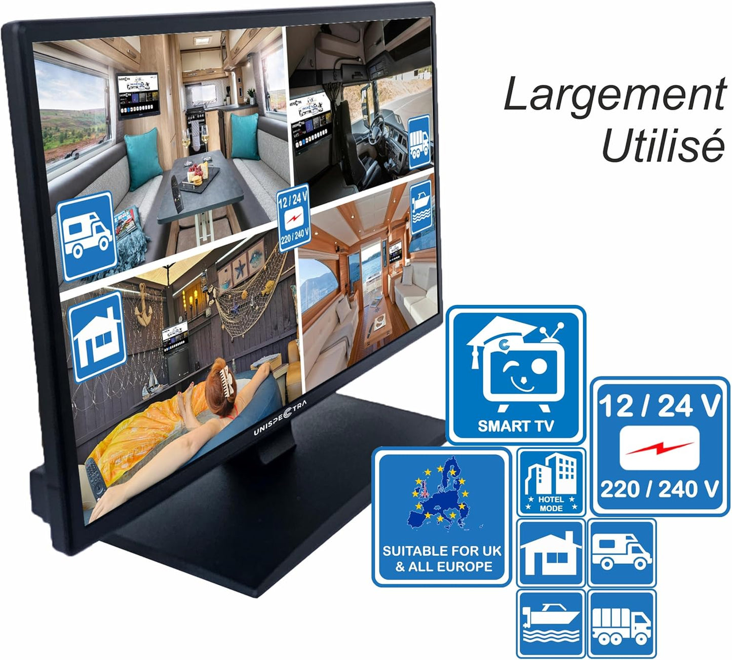 Unispectra  19” Smart TV (webOS) avec Télécommande Magique 12v HDR 230v 24v TV TNT et Tuner Sat 3xHDMI 2xUSB. Téléviseurs 12V pour Camping-Cars, caravanes, fourgonnettes, Bateaux