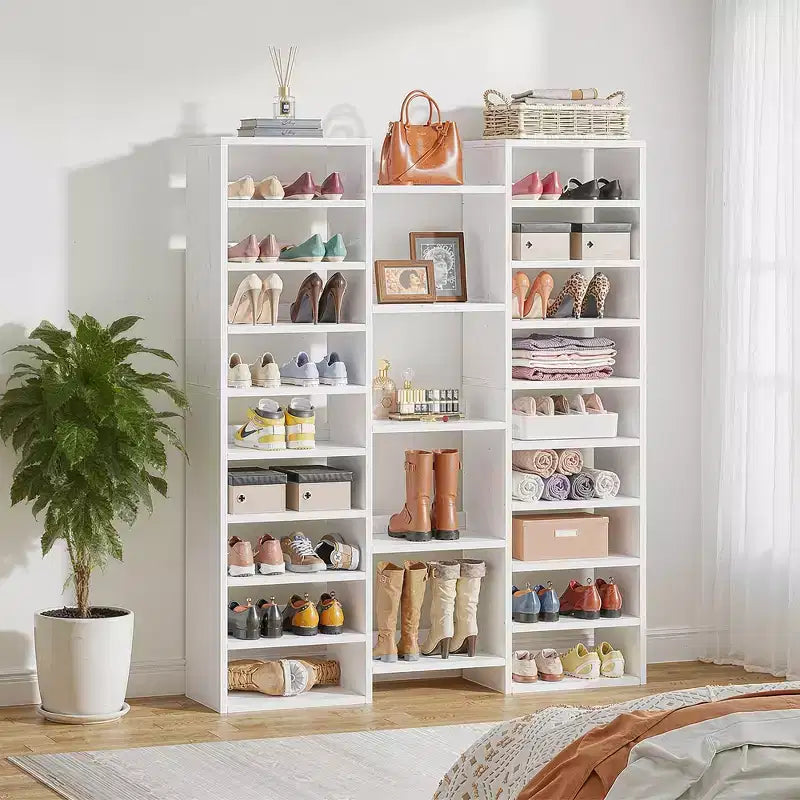 MAYEERTY Grand range-chaussures blanc à 14 niveaux et 23 étagères, organiseur de chaussures vertical d'une capacité de 46 paires pour petits espaces