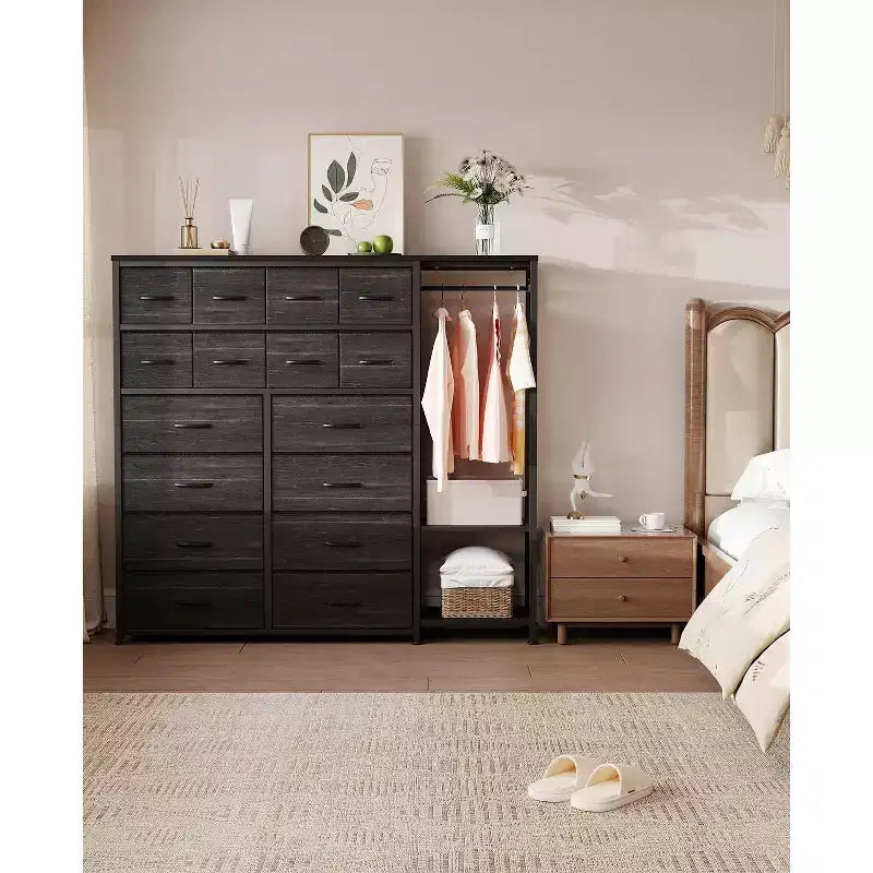 Commode de rangement avec 16 tiroirs, tringle à vêtements et étagères, organisateur de rangement en tissu pour chambre à coucher, placard ou entrée