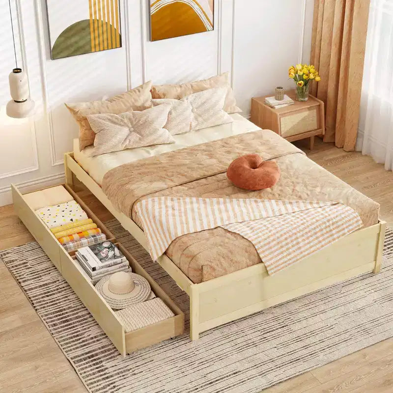 Lit plateforme en bois Costway, pleine/double, avec 2 tiroirs de rangement roulants, support à lattes en bois, naturel/blanc