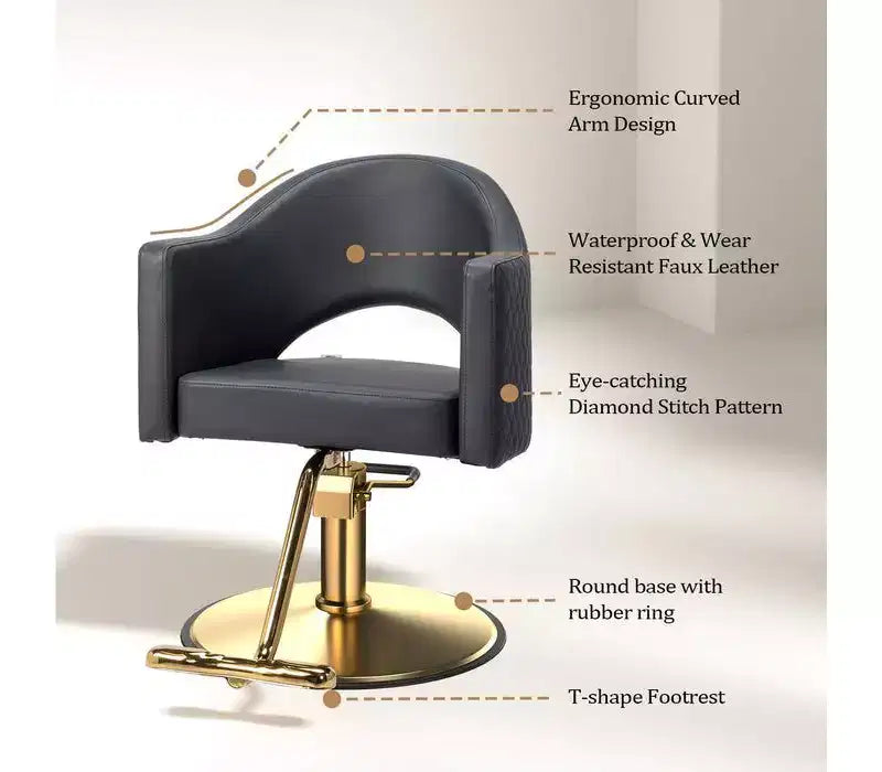 Chaise de coiffure pivotante Karl Home noire robuste à 360° avec dossier à motif losanges et repose-pieds doré