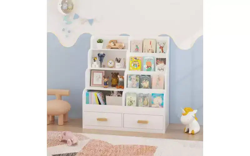 Étagère à livres pour enfants avec 2 tiroirs de rangement, bibliothèque frontale et organisateur de jouets, blanc