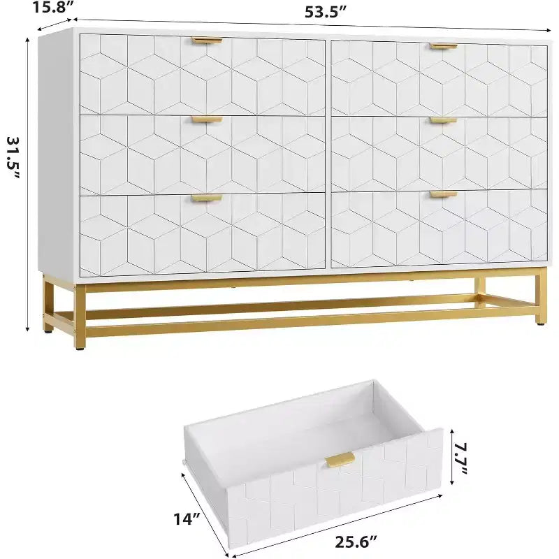 Commode Blanche à 6 Tiroirs DobleePy avec Pieds en Métal Doré, Grande Commode de Rangement de 136 cm de Large pour Chambre, Salon, Entrée
