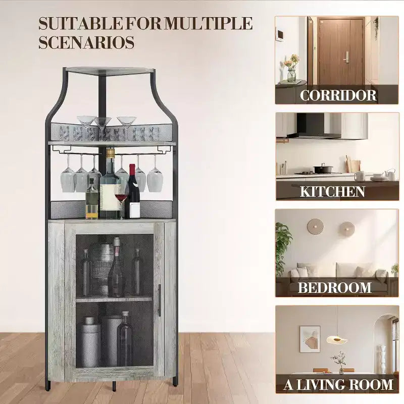 Meuble de bar d'angle CuisinSmart avec casier à vin amovible, meuble de bar avec porte-verres, petit buffet et armoire de rangement avec porte grillagée