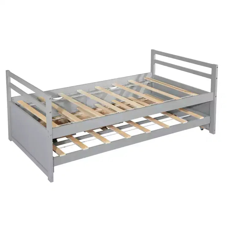 Lit de repos double avec lit gigogne et trois tiroirs de rangement, Lit plateforme en bois avec tête de lit et pied de lit pour enfants
