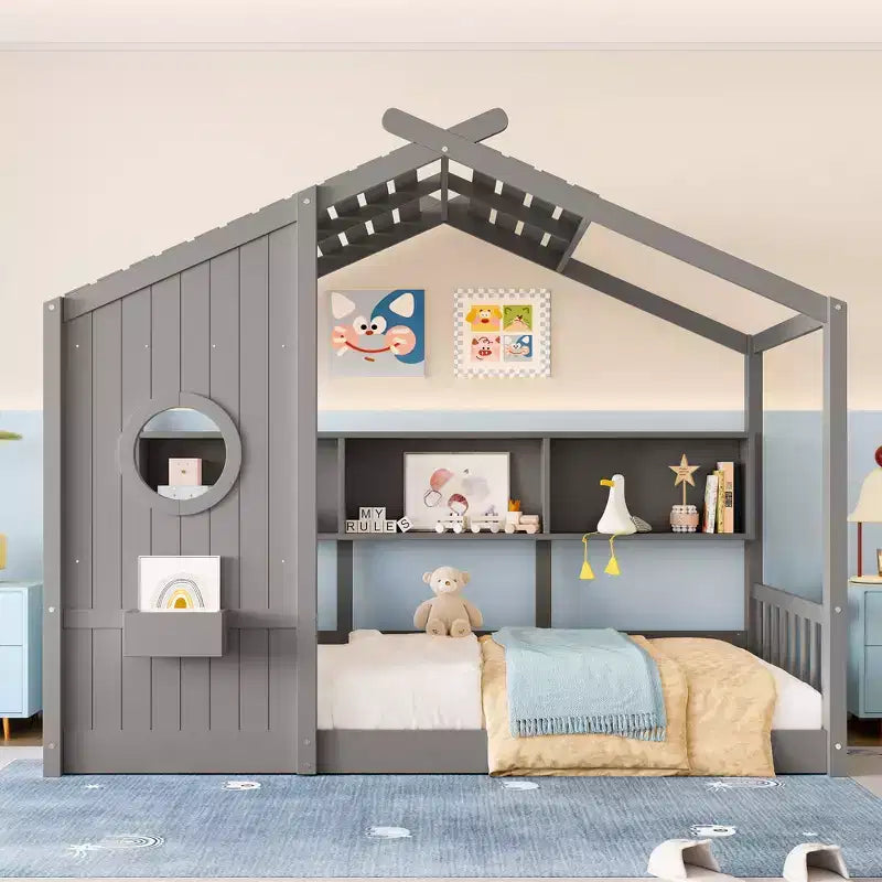 Lit cabane cabane Montessori pour enfant avec étagère de rangement - ModernLuxe