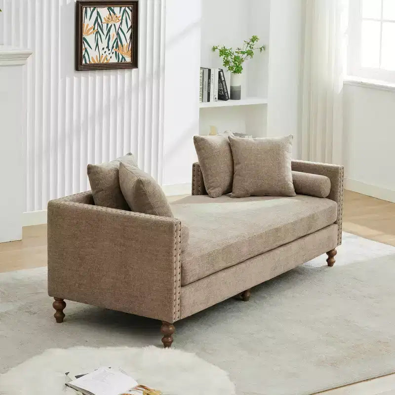 Clihome Chaise longue capitonnée en chenille de 75,2 po avec oreillers et clous décoratifs