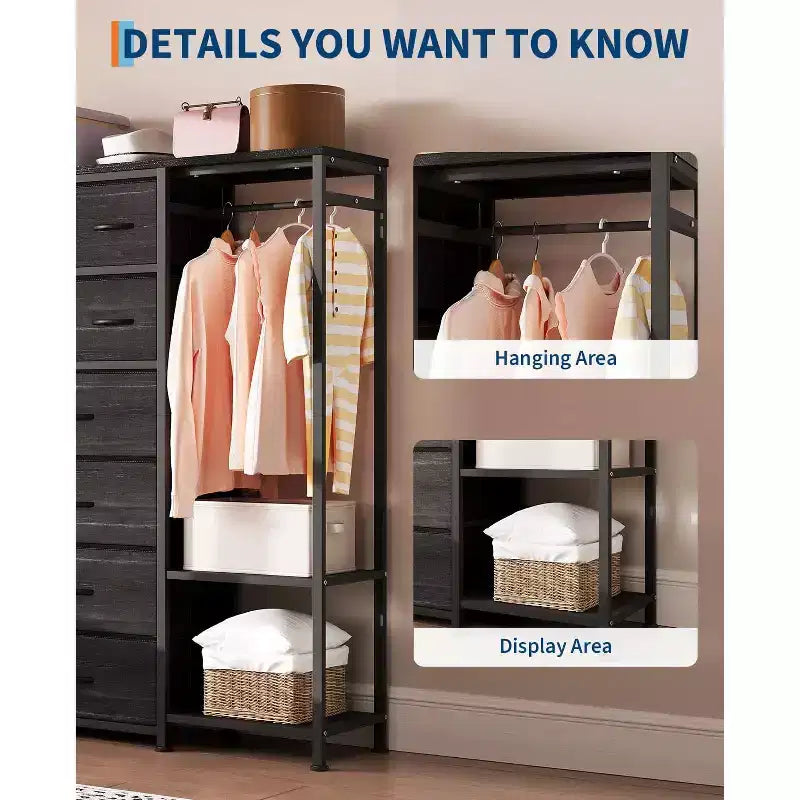 Commode de rangement avec 16 tiroirs, tringle à vêtements et étagères, organisateur de rangement en tissu pour chambre à coucher, placard ou entrée
