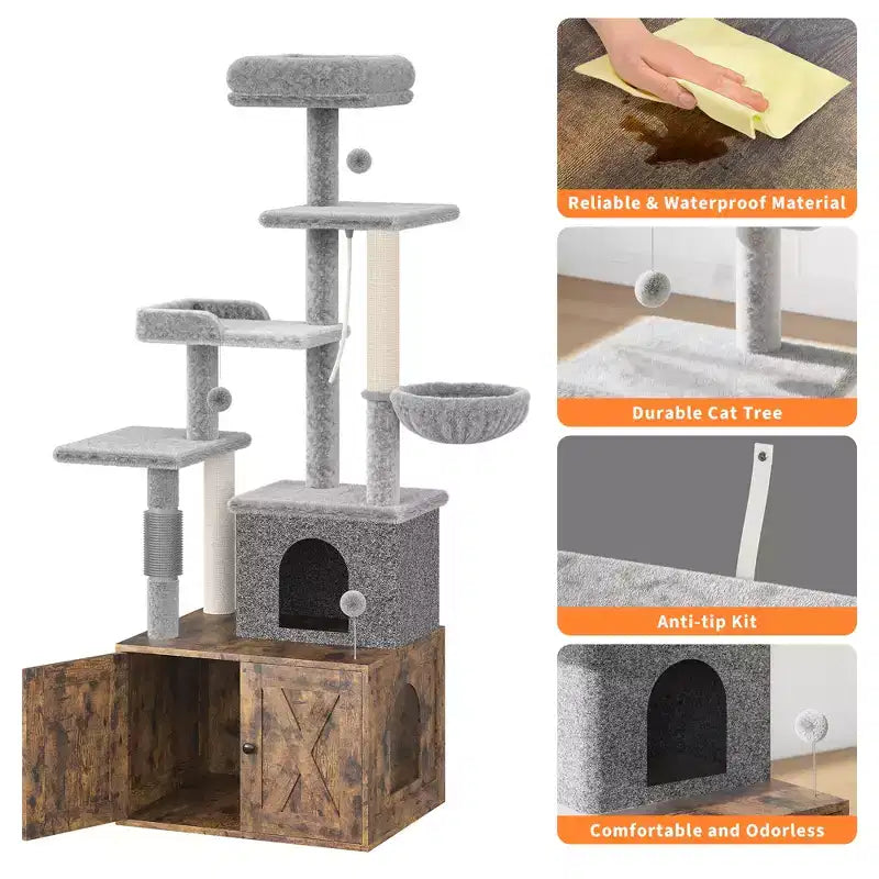 Arbre à chat et tour d'activité moderne 2-en-1 avec cache-litière, meuble pour chat tout-en-un, maison en bois avec espace litière caché pour chaton, avec hamac et poteaux à griffer