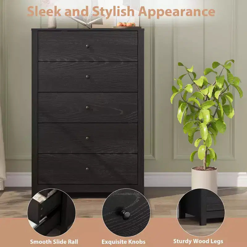 Commode moderne à 5 tiroirs avec rangement profond, coffre en bois élégant pour chambre à coucher, salon, entrée, offrant un grand espace pour une décoration intérieure organisée