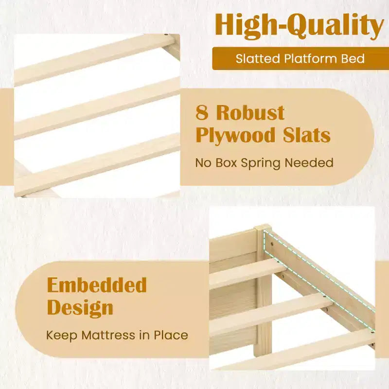 Lit plateforme en bois Costway, pleine/double, avec 2 tiroirs de rangement roulants, support à lattes en bois, naturel/blanc