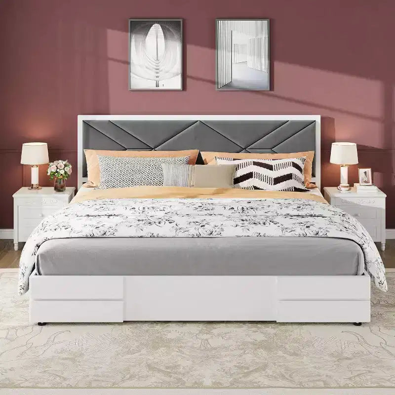 Cadre de lit tapissé GustoWave double/grand lit/très grand lit pour chambre à coucher, tête de lit moelleuse à capitonnage, support à lattes en bois, blanc