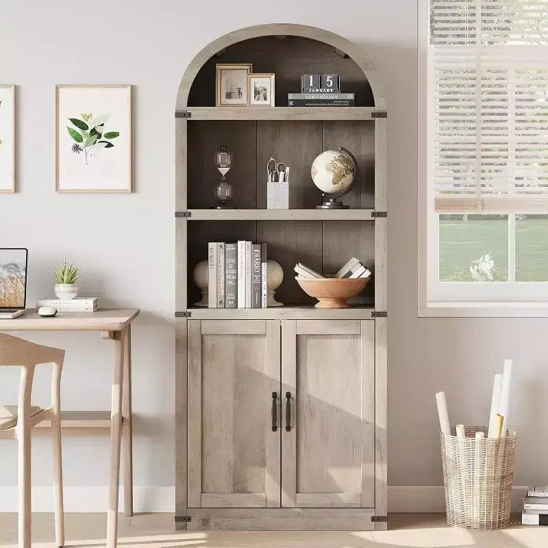 Bibliothèque avec portes Étagère cintrée 182 cm de haut Bibliothèque de style rustique avec étagères Bibliothèques en bois pour la maison, le bureau, le salon