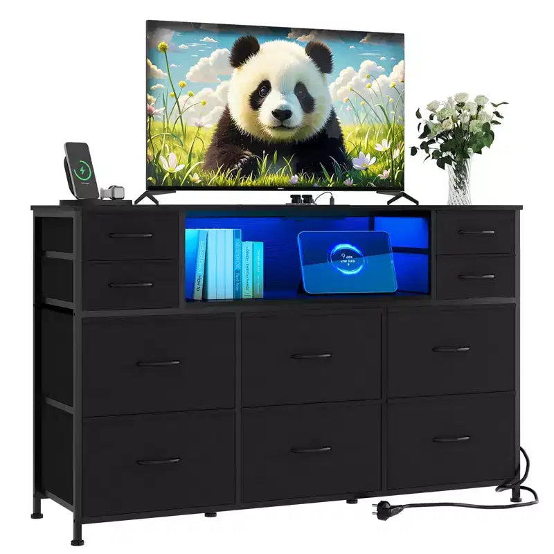 Commode de rangement à 10 tiroirs avec support TV, bande lumineuse LED et prises électriques, commode en tissu avec plateau en bois, meuble TV pour téléviseur de 55 pouces, commode de rangement