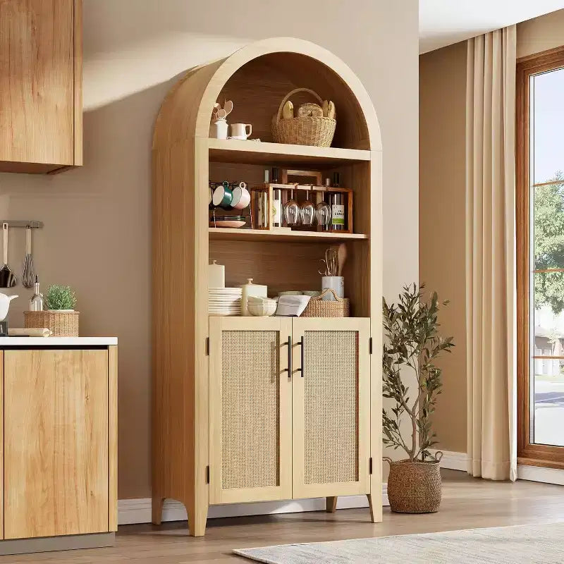 Étagère ouverte à 5 niveaux avec décor en rotin, armoire de rangement de style ferme, armoire de rangement de cuisine arquée, pour la maison, le bureau, le salon