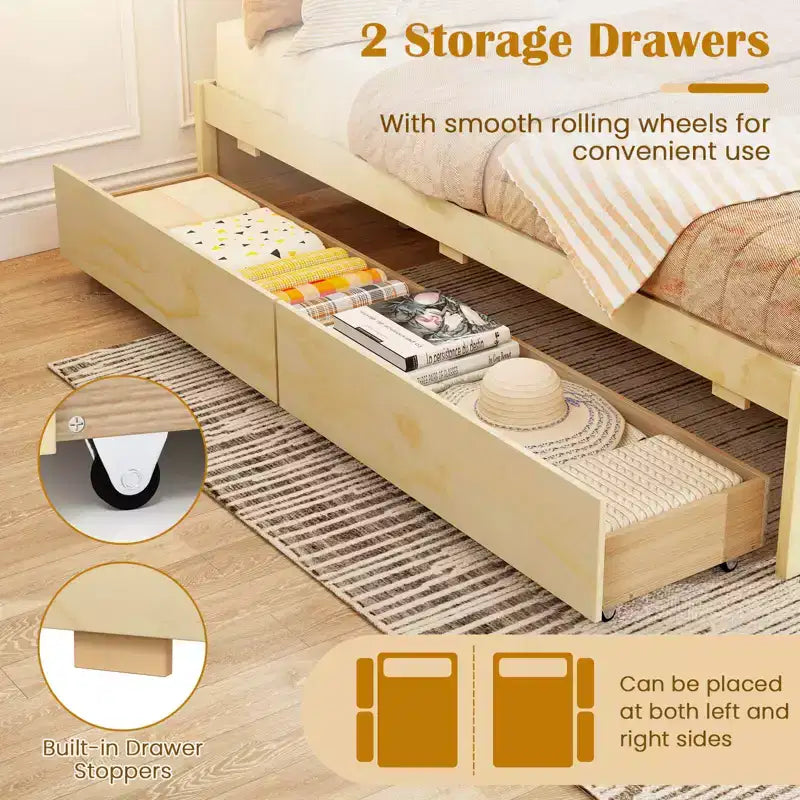 Lit plateforme en bois Costway, pleine/double, avec 2 tiroirs de rangement roulants, support à lattes en bois, naturel/blanc