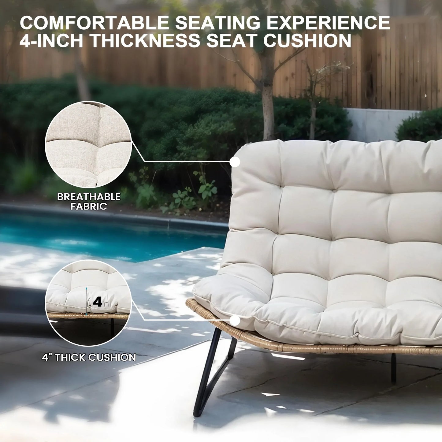 Causeuse double Papasan avec coussin, rotin PE tout temps et cadre en métal pour l'intérieur et l'extérieur