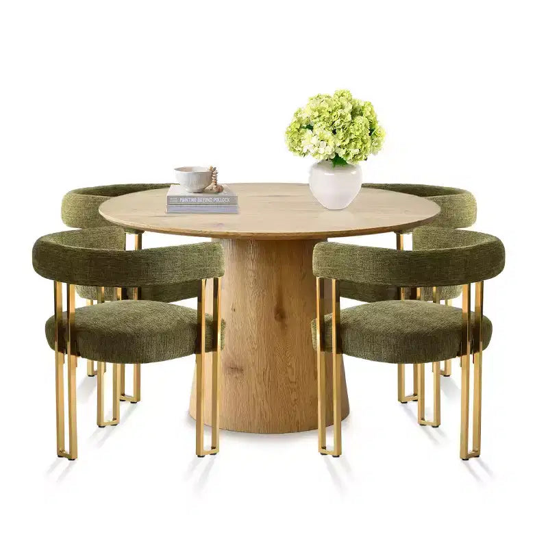 Ensemble table à manger ronde extensible en ovale avec 4 fauteuils en velours, design piédestal moderne, jusqu'à 8 personnes - Panipeachy