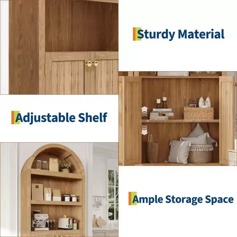 Meuble haut arqué GustoWave 71.6, Bibliothèque à 5 niveaux avec portes et étagères réglables, Armoire de rangement