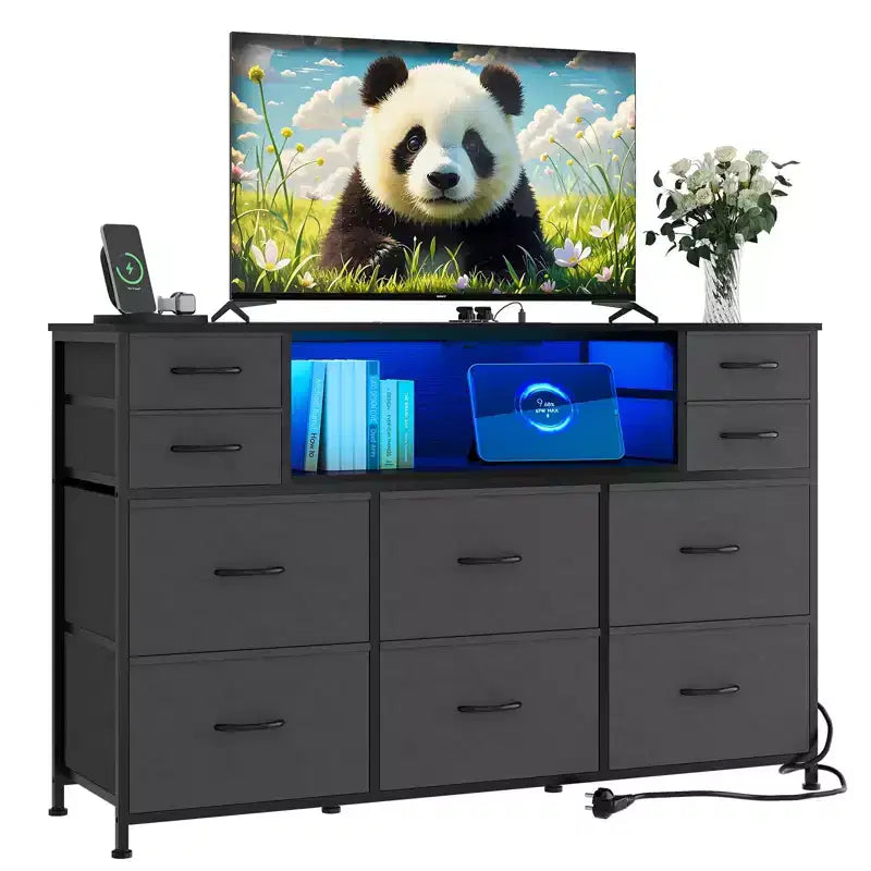 Commode de rangement à 10 tiroirs avec support TV, bande lumineuse LED et prises électriques, commode en tissu avec plateau en bois, meuble TV pour téléviseur de 55 pouces, commode de rangement
