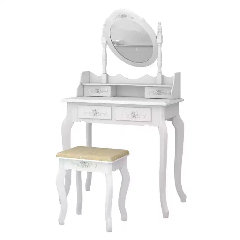 Coiffeuse avec tabouret, table de maquillage avec miroir rotatif à 360°, coiffeuse avec tabouret rembourré et 4 tiroirs
