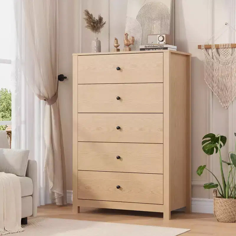 Commode moderne à 5 tiroirs avec rangement profond, coffre en bois élégant pour chambre à coucher, salon, entrée, offrant un grand espace pour une décoration intérieure organisée