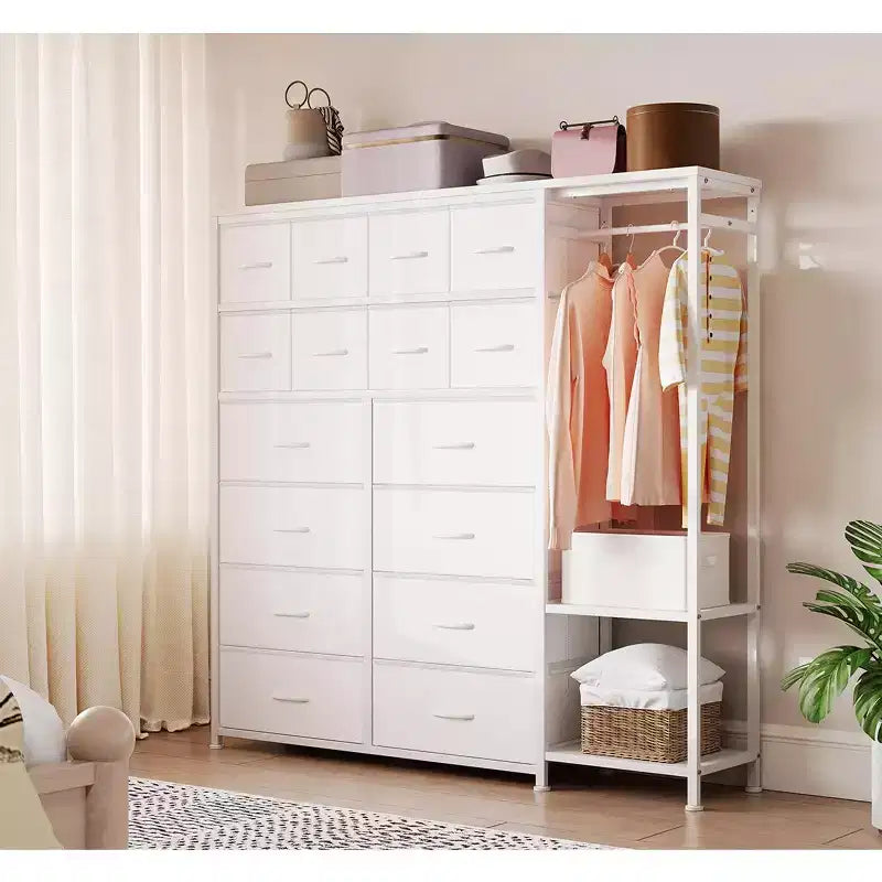 Commode de rangement avec 16 tiroirs, tringle à vêtements et étagères, organisateur de rangement en tissu pour chambre à coucher, placard ou entrée