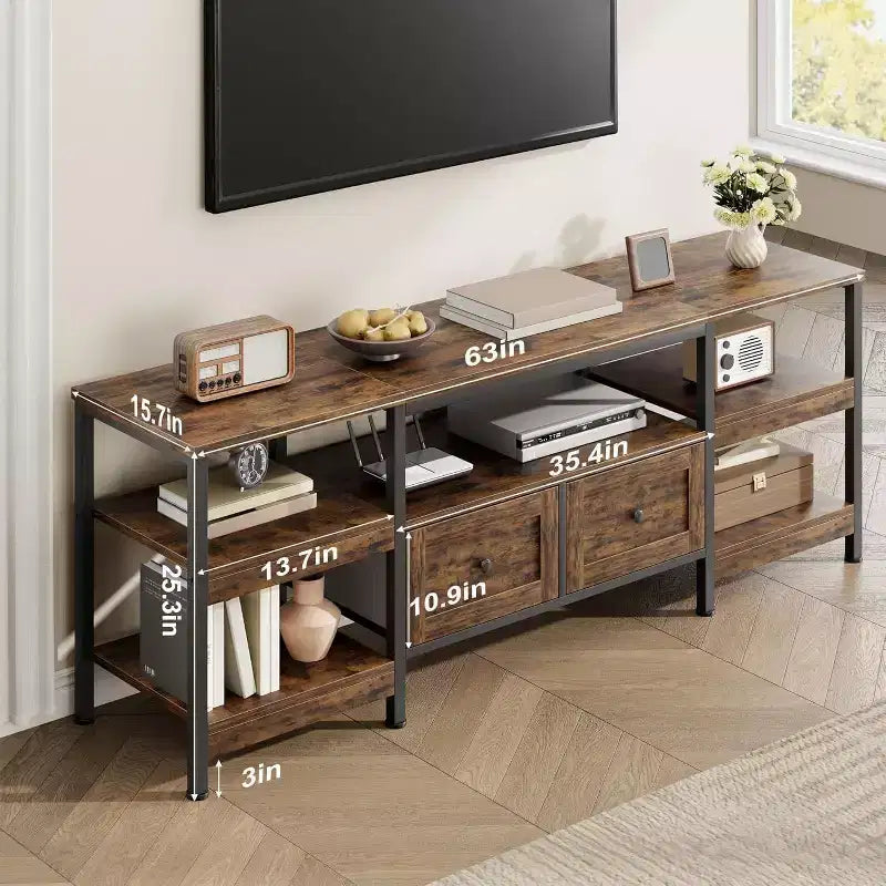 Meuble TV rustique de 180 cm avec rangement - Pour téléviseurs jusqu'à 75 pouces, 2 tiroirs et étagères ouvertes, meuble TV de style industriel avec cadre en métal