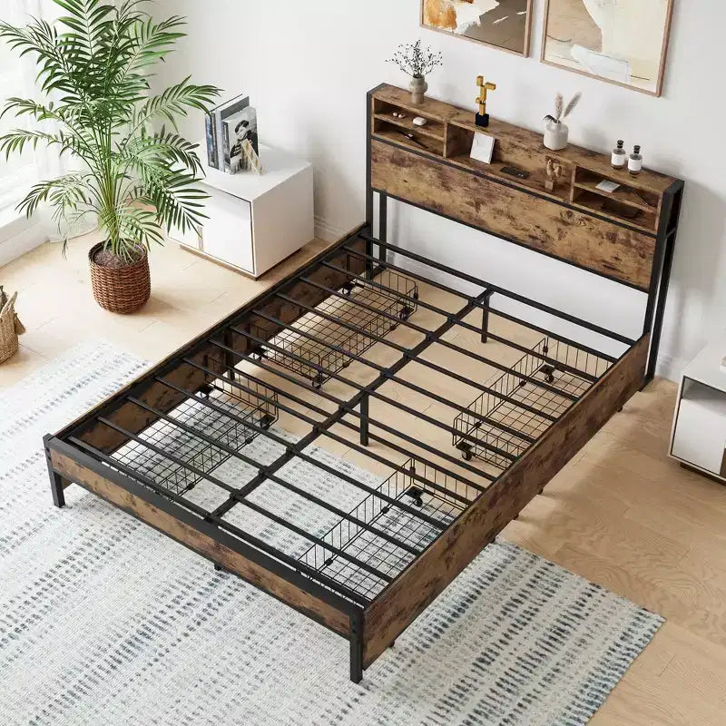 MAYEERTY Lit Plateforme Marron en Métal Taille Queen avec Cadre 4 Tiroirs de Rangement Tête de Lit en Bois Station de Recharge Pas de Sommier Tapissier Sans Bruit Assemblage Facile