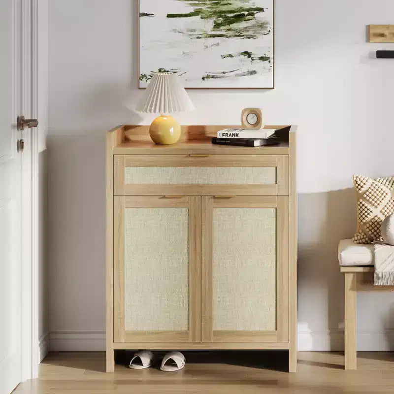Meuble à chaussures en rotin avec tiroir, Organisateur de rangement pour chaussures haut à 6 niveaux, Meuble de ferme en bois bohème avec 2 portes pour entrée, couloir
