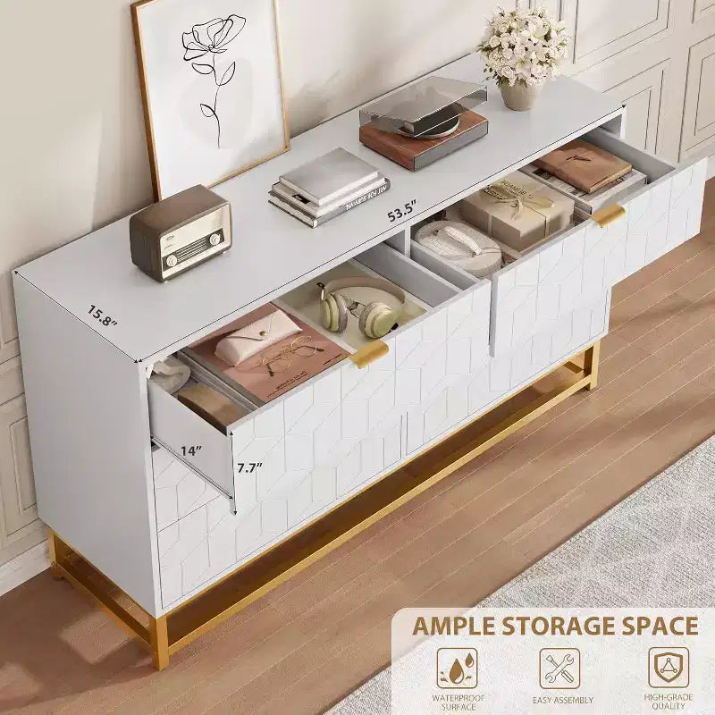 Commode Blanche à 6 Tiroirs DobleePy avec Pieds en Métal Doré, Grande Commode de Rangement de 136 cm de Large pour Chambre, Salon, Entrée