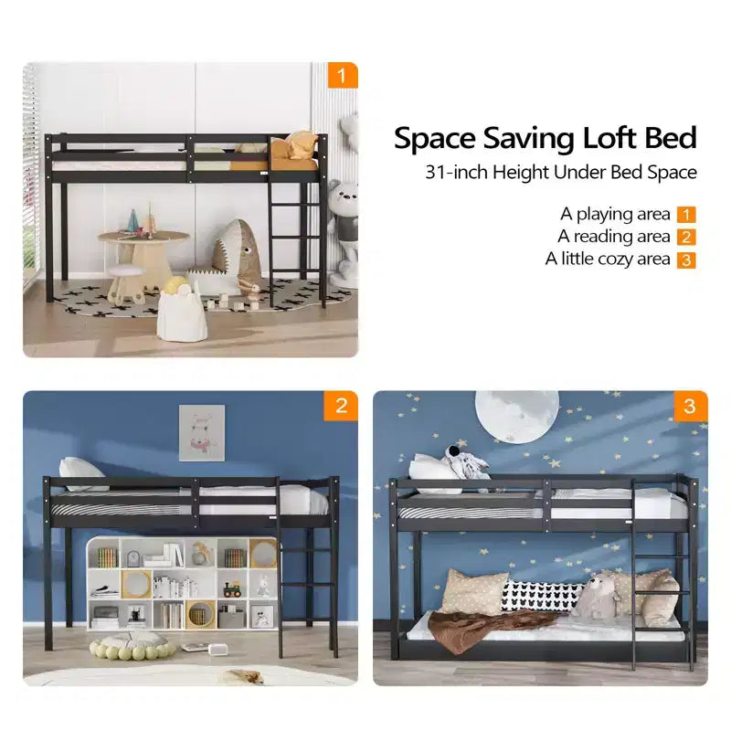 Lit mezzanine Karl Home Gray Wood Junior avec escalier pleine grandeur pour adultes, enfants et jeunes adolescents