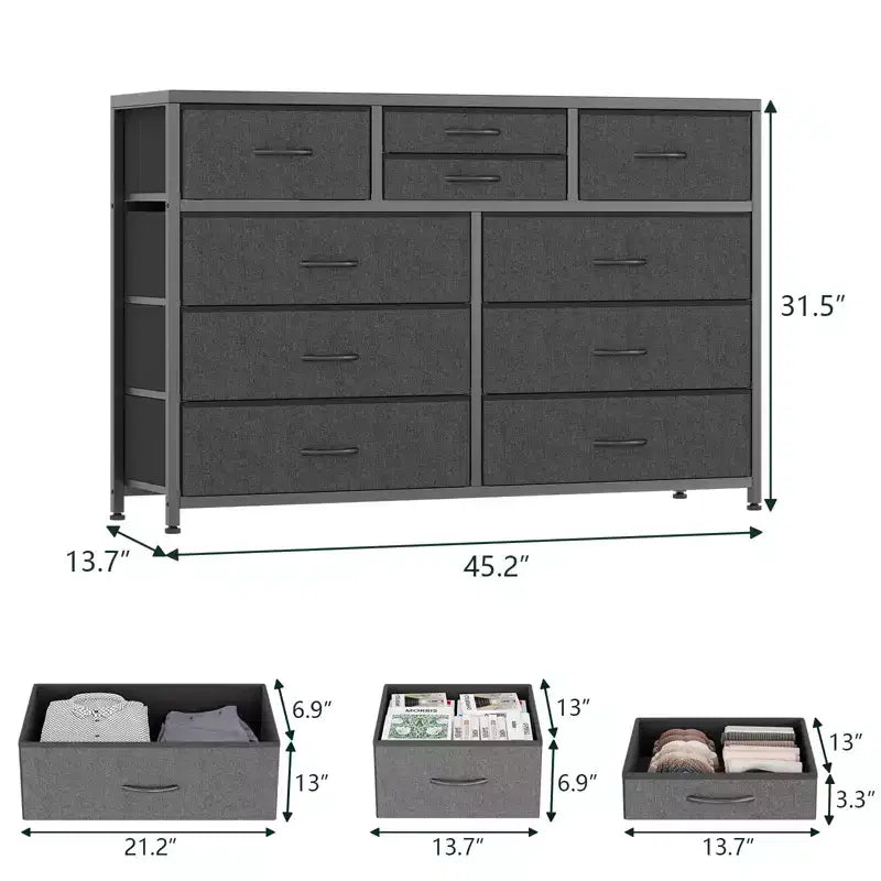 Commode à 10 tiroirs pour chambre, commode avec bacs en tissu, meuble TV pour téléviseurs jusqu'à 5 pouces, organisateur de rangement