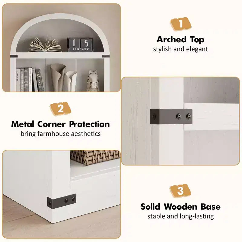 GustoWave Bibliothèque Haute de 181,96 cm, Étagère Murale Arched Style Ferme, Rangement d'Exposition, Étagères en Bois, Blanc/Gris