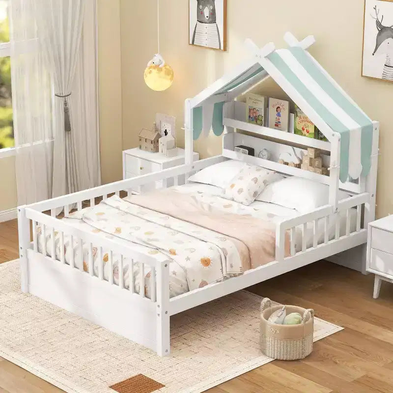 Lit cabane en bois ModernLuxe (taille lit simple/double) avec tête de lit de rangement, cadre de lit pour enfants en pin massif avec barrières de sécurité
