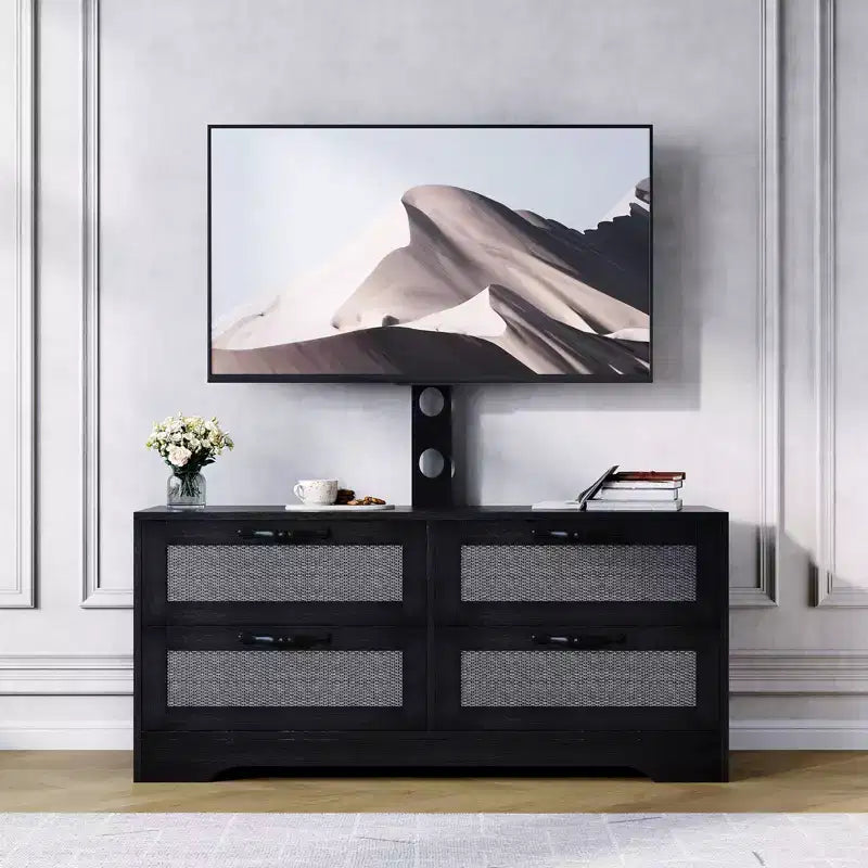 Meuble TV bahut de style campagnard pour téléviseurs jusqu'à 70'', 4 tiroirs, portes en rotin, meuble de rangement en bois, console média pour chambre ou salon