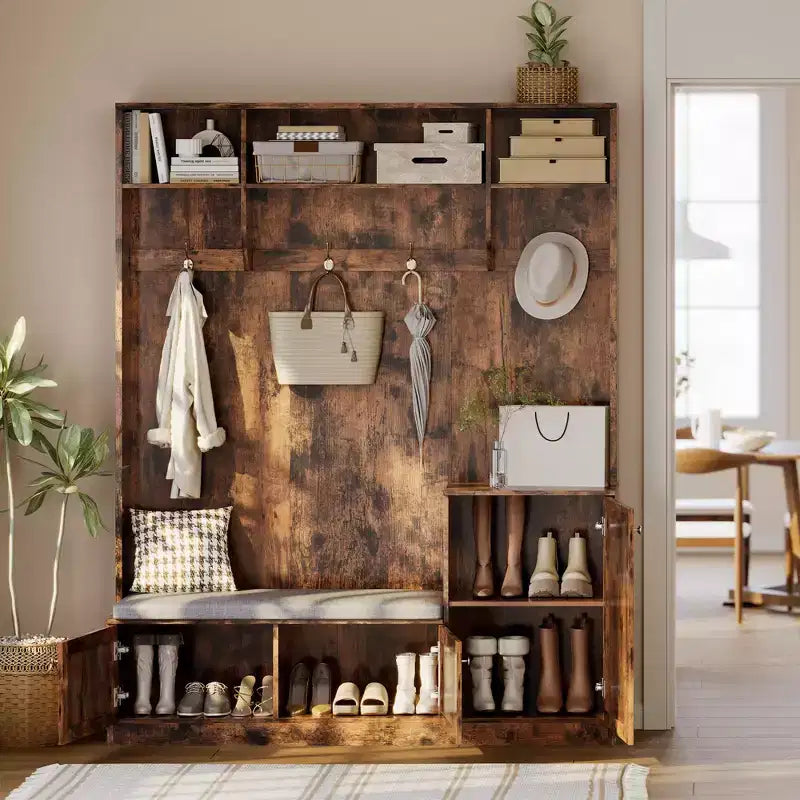 Banc et Rangement à Chaussures, Banc d'entrée de Ferme 3-en-1 avec Porte-Manteau, 4 Crochets, 4 Casiers à Chaussures et 3 Compartiments Ouverts, pour Entrée, Vestiaire