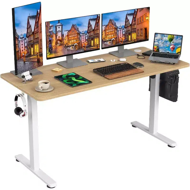 PexFix Bureau assis-debout électrique 55 x 24 avec plateau Nature, hauteur réglable, pour ordinateur, pour la maison ou le bureau, avec plateau assemblé