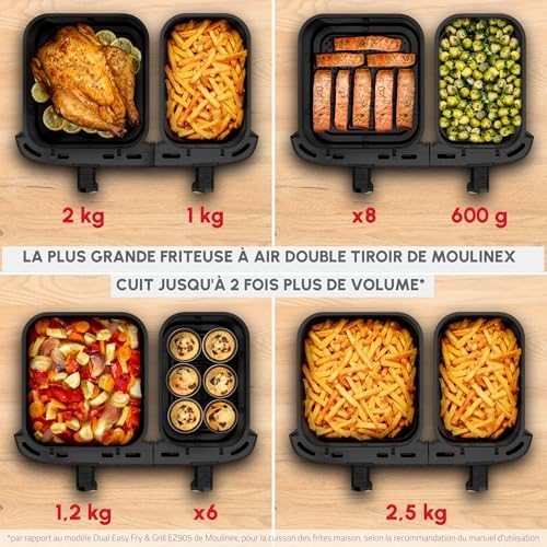 Moulinex air fryer deux compartiments, très grande capacité 11L, 10 personnes, 7 Programmes automatiques, friteuse sans huile, Ecran tactile digital, Dual inox, EZ942BF0, Gris foncé : Cuisine et Maison