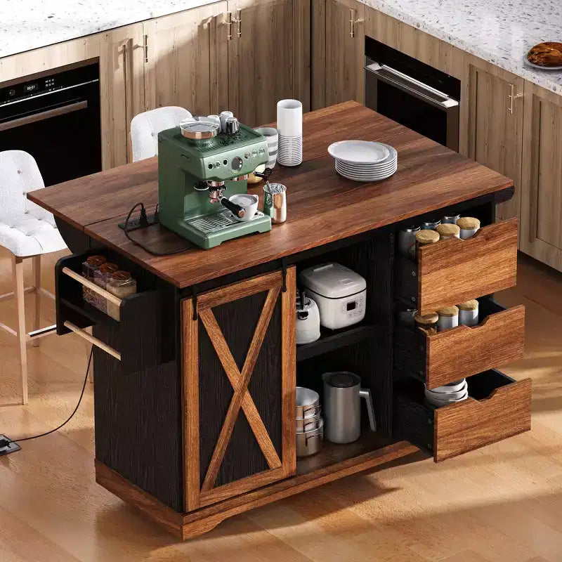 Îlot de cuisine de ferme Whisen 55.5 avec abattant, porte coulissante et station de recharge, design roulant