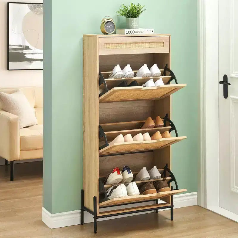 Meuble à chaussures avec 3 tiroirs basculants et 1 tiroir, Organisateur à chaussures en rotin dissimulé avec pieds en métal