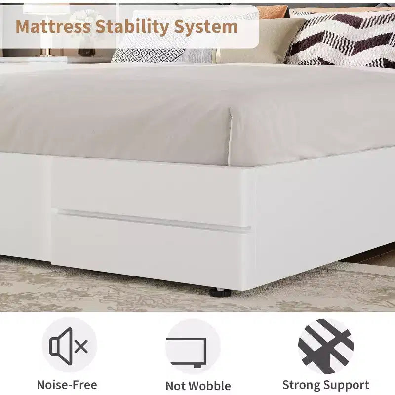 Cadre de lit tapissé GustoWave double/grand lit/très grand lit pour chambre à coucher, tête de lit moelleuse à capitonnage, support à lattes en bois, blanc