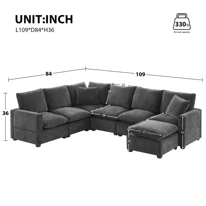 Canapé sectionnel convertible en U Okak avec pouf mobile, canapé rembourré moderne à 6 places pour salon, appartement