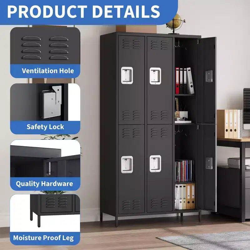 Casier de rangement à 6 portes pour employés de bureau, casier de rangement en métal à combinaison, casier en métal verrouillable pour employés avec porte, casiers de rangement industriels
